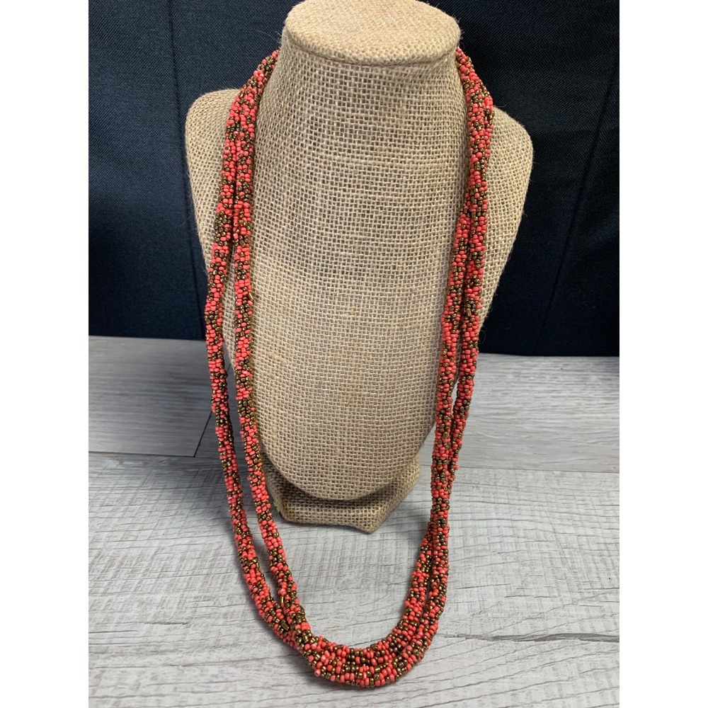 Long Coral and Bronze Seed Bead Rope Necklace 60‎ Inch Layering Strand Boho